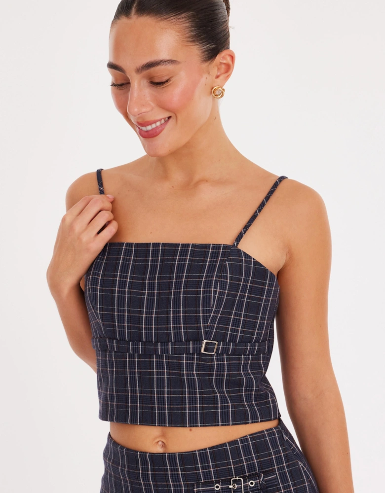 Blue Checked Buckle Detail Crop Top