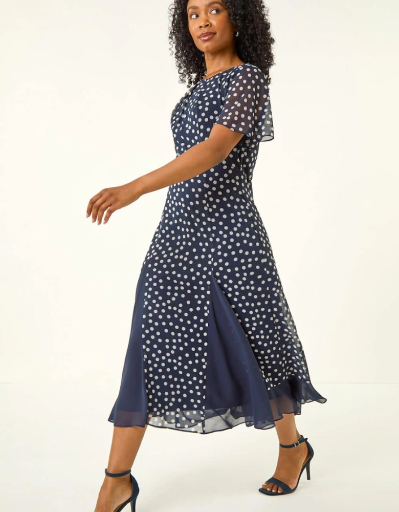 Petite Spot Print Godet Hem Midi Dress