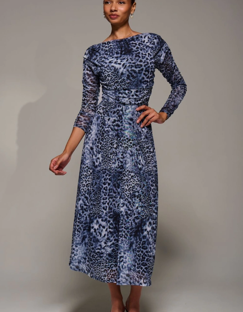 Long Sleeve Asymmetric Mesh Midi Dress