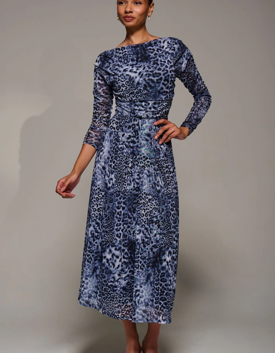 Long Sleeve Asymmetric Mesh Midi Dress, 2 of 1