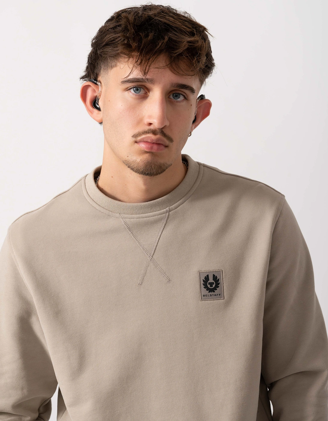 Mens Crew Neck Sweatshirt With Logo Patch - Dark Sand