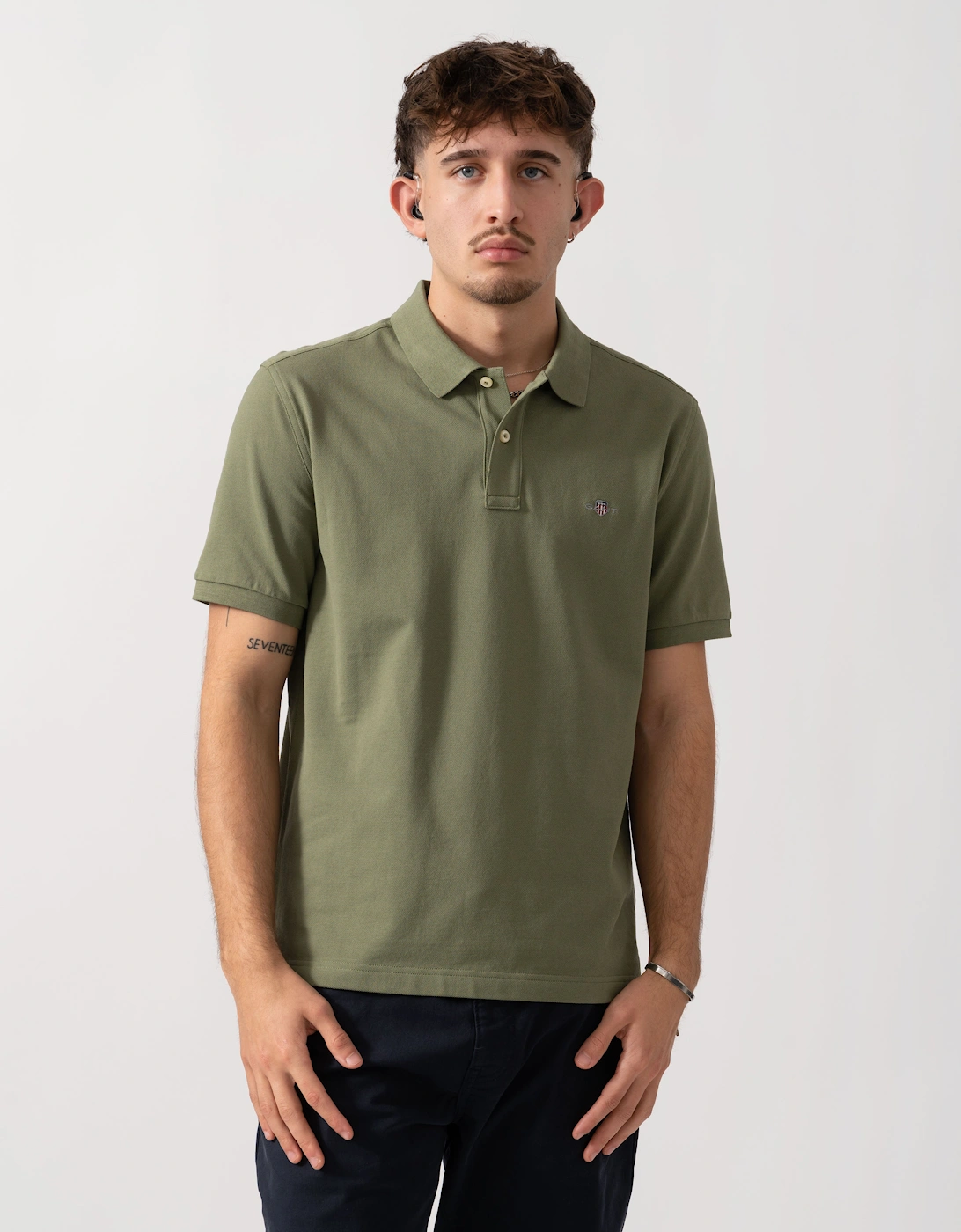 Gant Men's Tan Regular Fit Short Sleeve Shield Logo Pique Polo - 379 Dry Herb Green  38 M