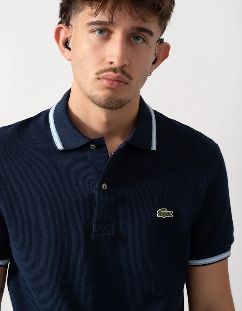 Contrast Collar Pique Mens Regular Fit Polo Shirt - Navy Blue