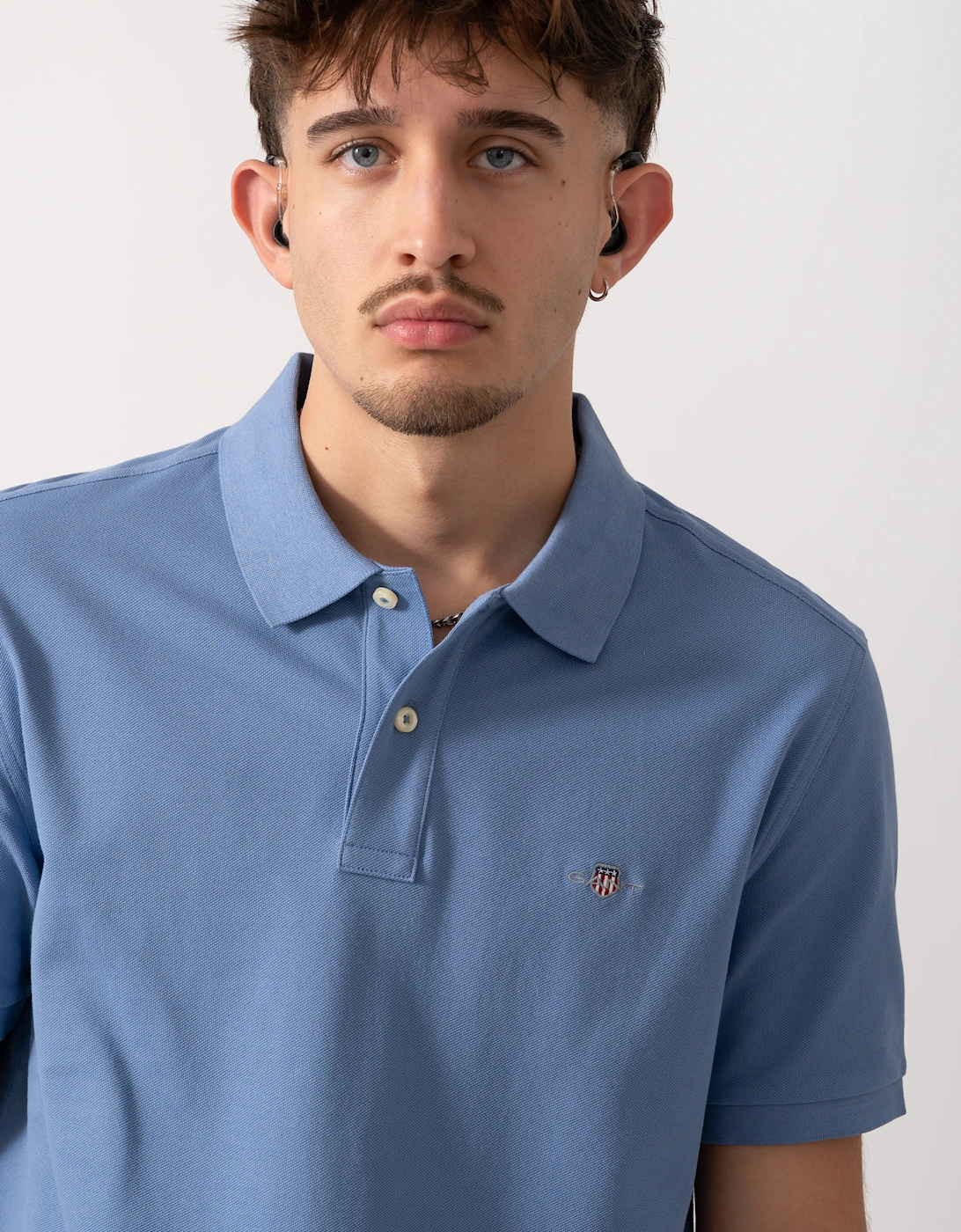 Mens Regular Fit Short Sleeve Shield Logo Pique Polo - 430 Faded Denim