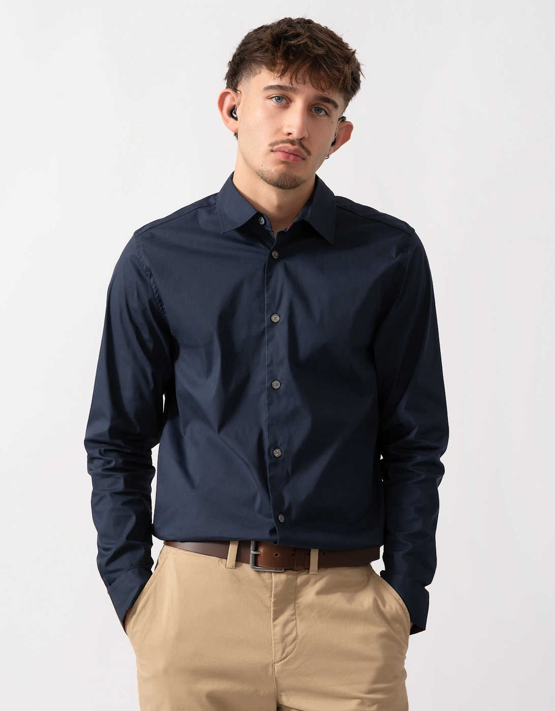 Baxters Mens Long Sleeve Slim Stretch Shirt - Navy, 6 of 5