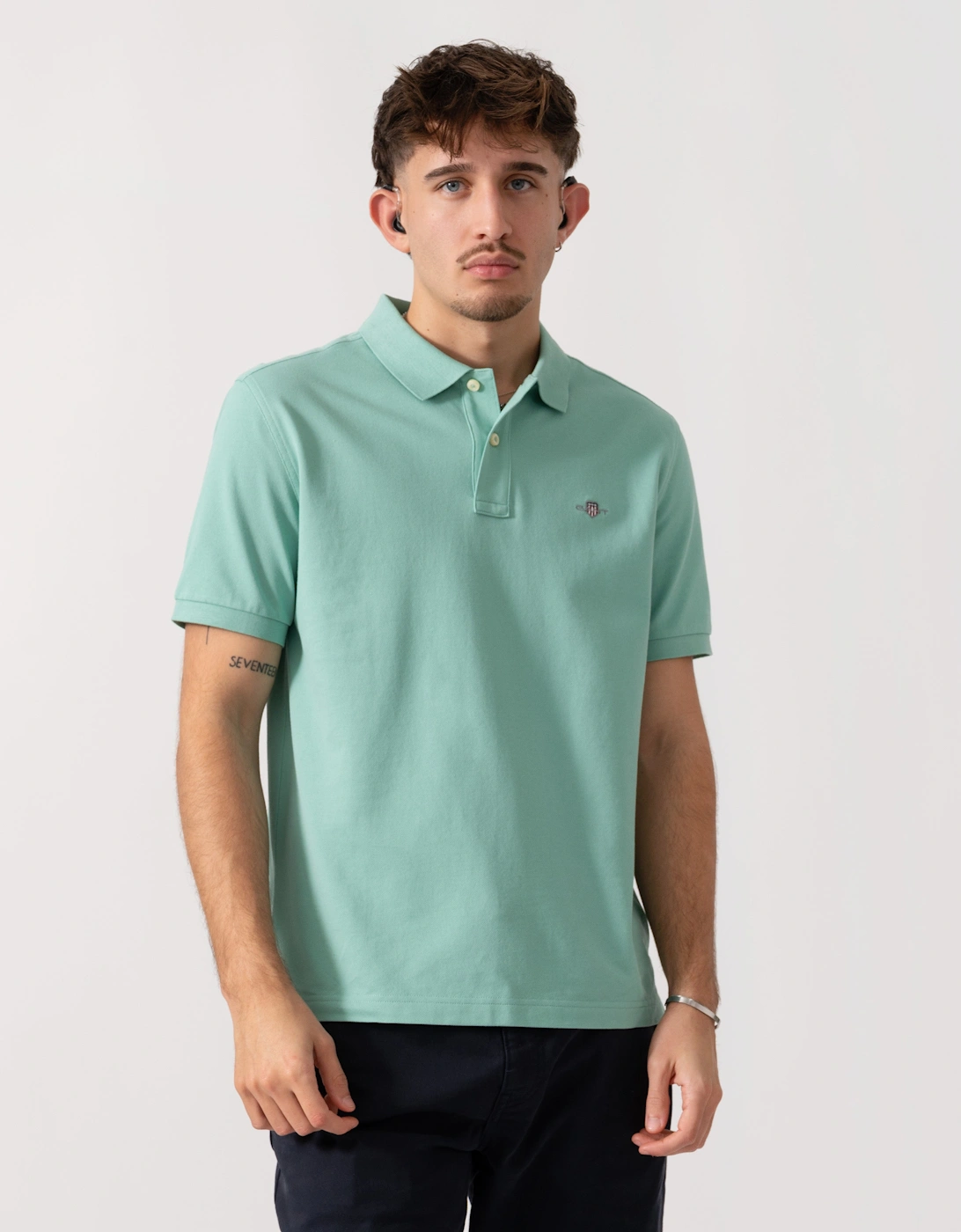 Gant Men's Blue Regular Fit Short Sleeve Shield Logo Pique Polo - 323 Muted Turquoise  40 L