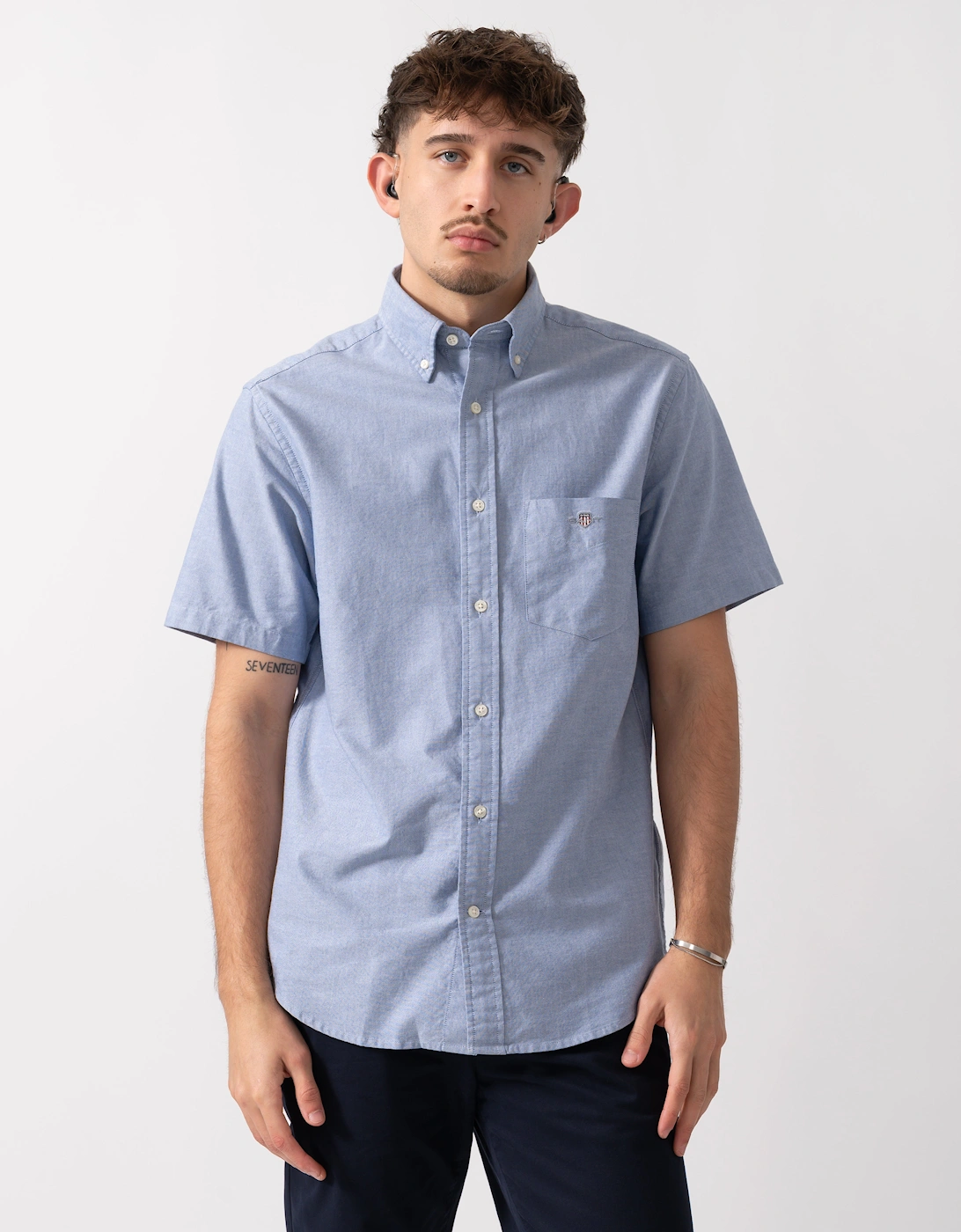 Gant Men's Blue Regular Fit Short Sleeve Oxford Shirt - 436 College  40/Regular L