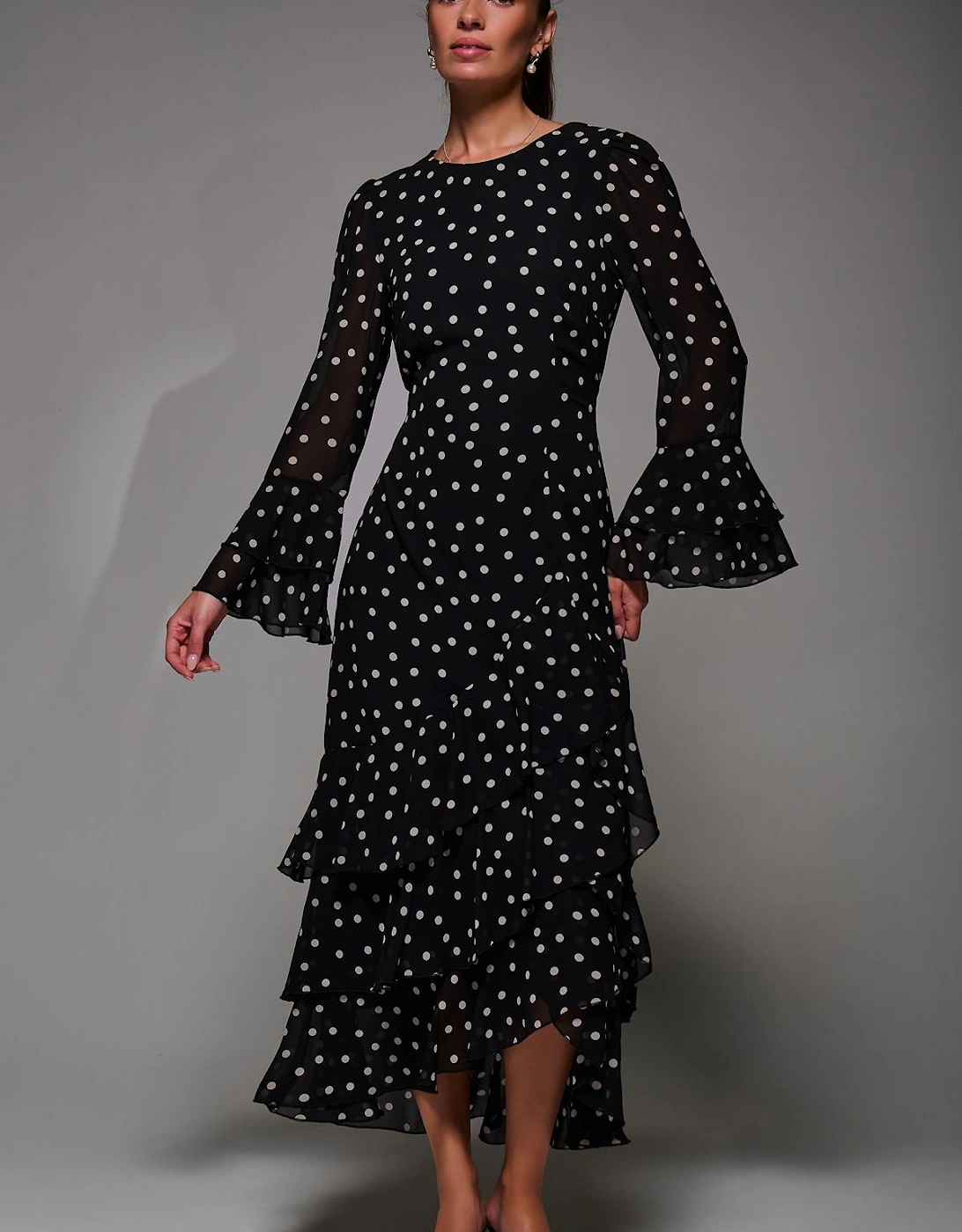 Ruffled Long Sleeve Tiered Chiffon Midaxi Dress, 2 of 1