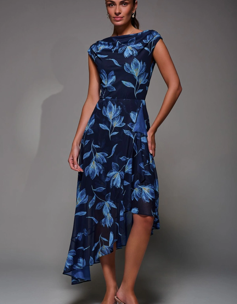 Asymmetrical Draped Mesh Midaxi Dress