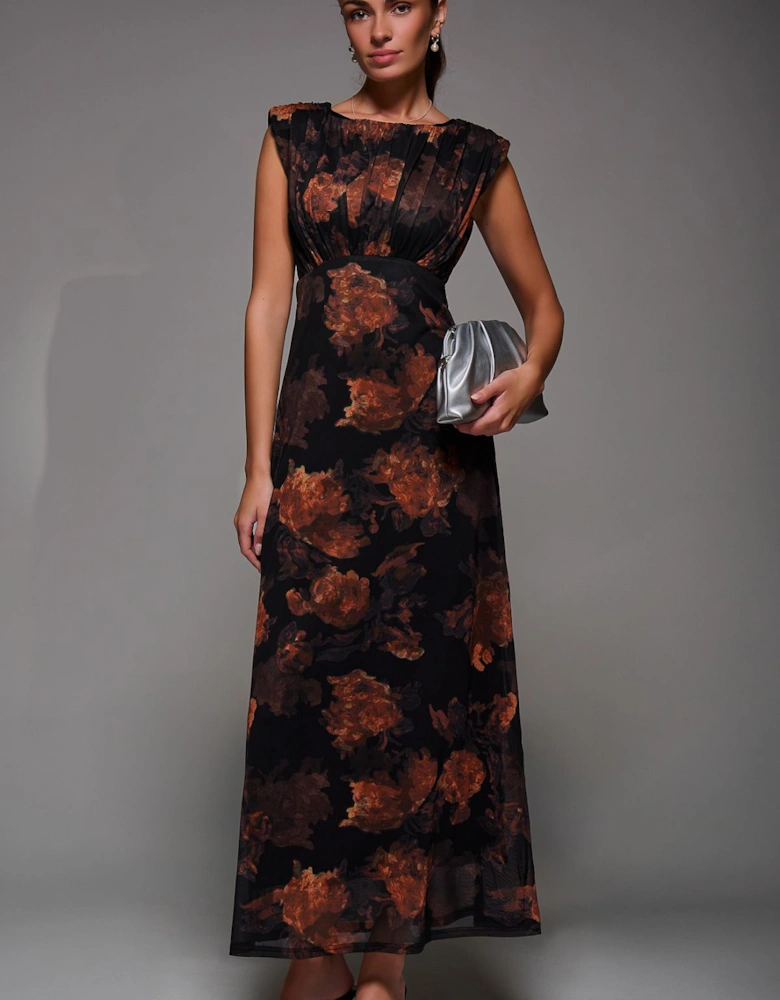 Slash Neck Fit & Flare Mesh Maxi Dress