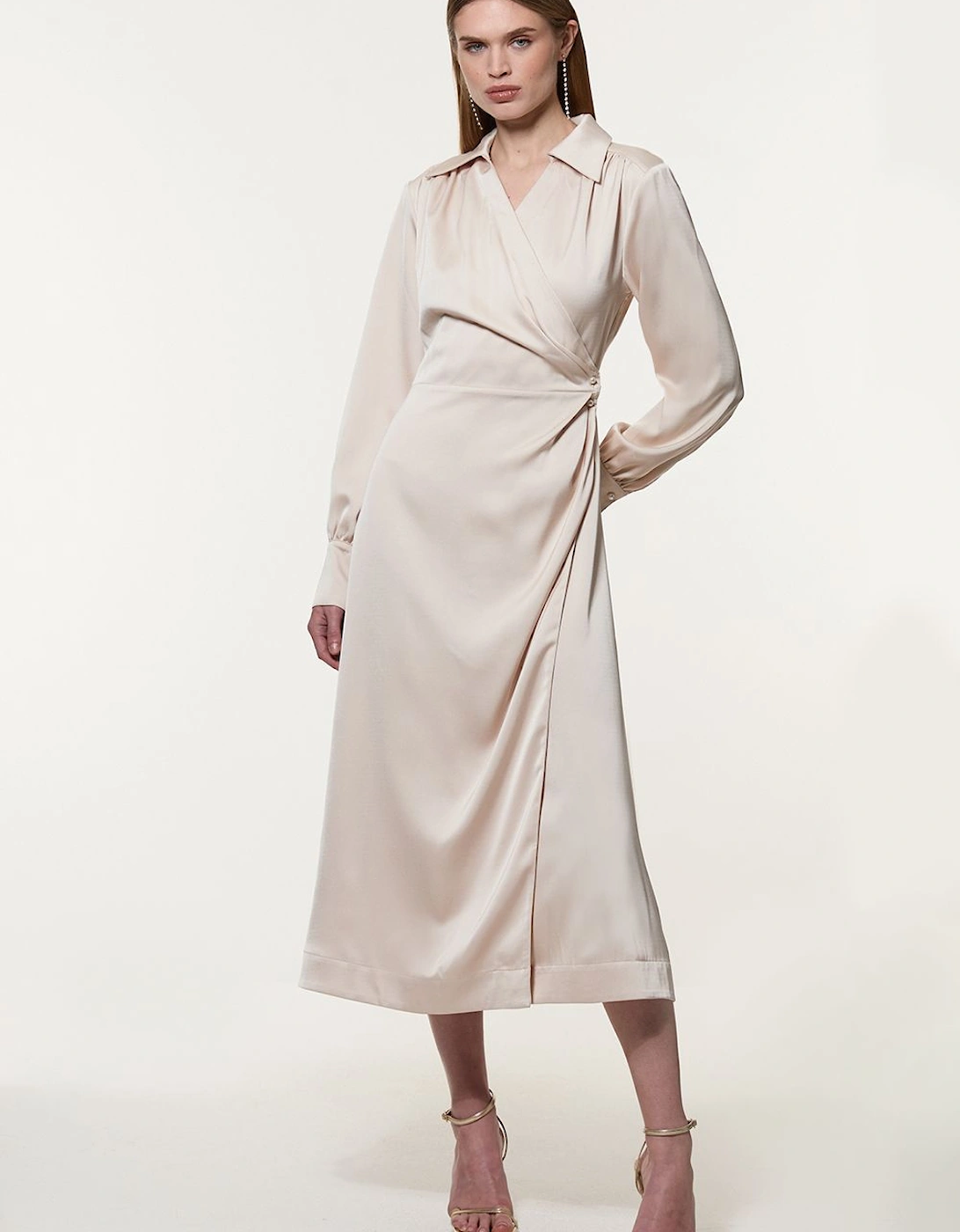 Satin Back Crepe Pearl Clasp Wrap Midi Dress, 2 of 1