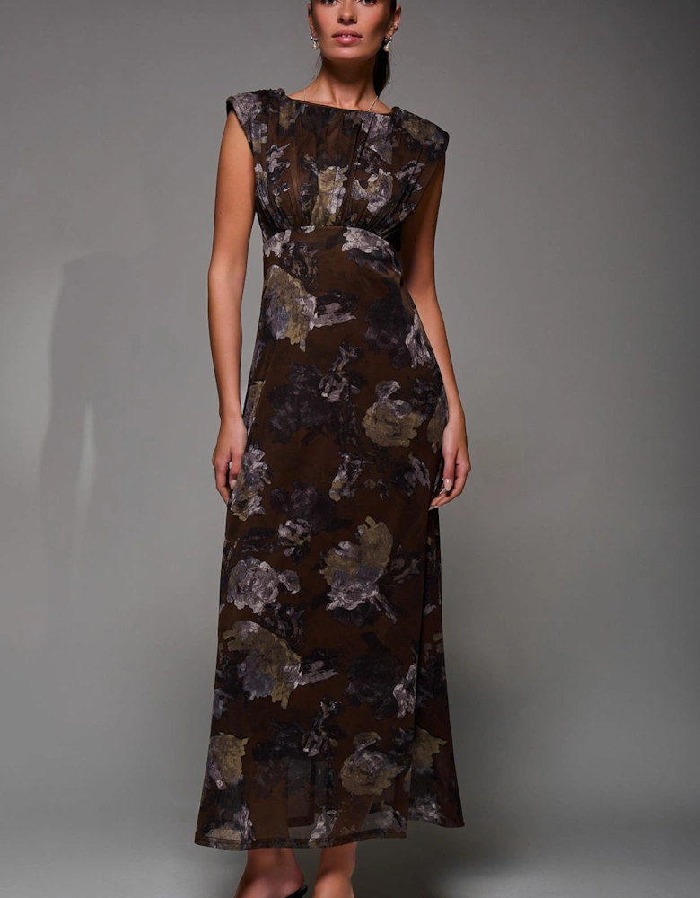 Slash Neck Fit & Flare Mesh Maxi Dress