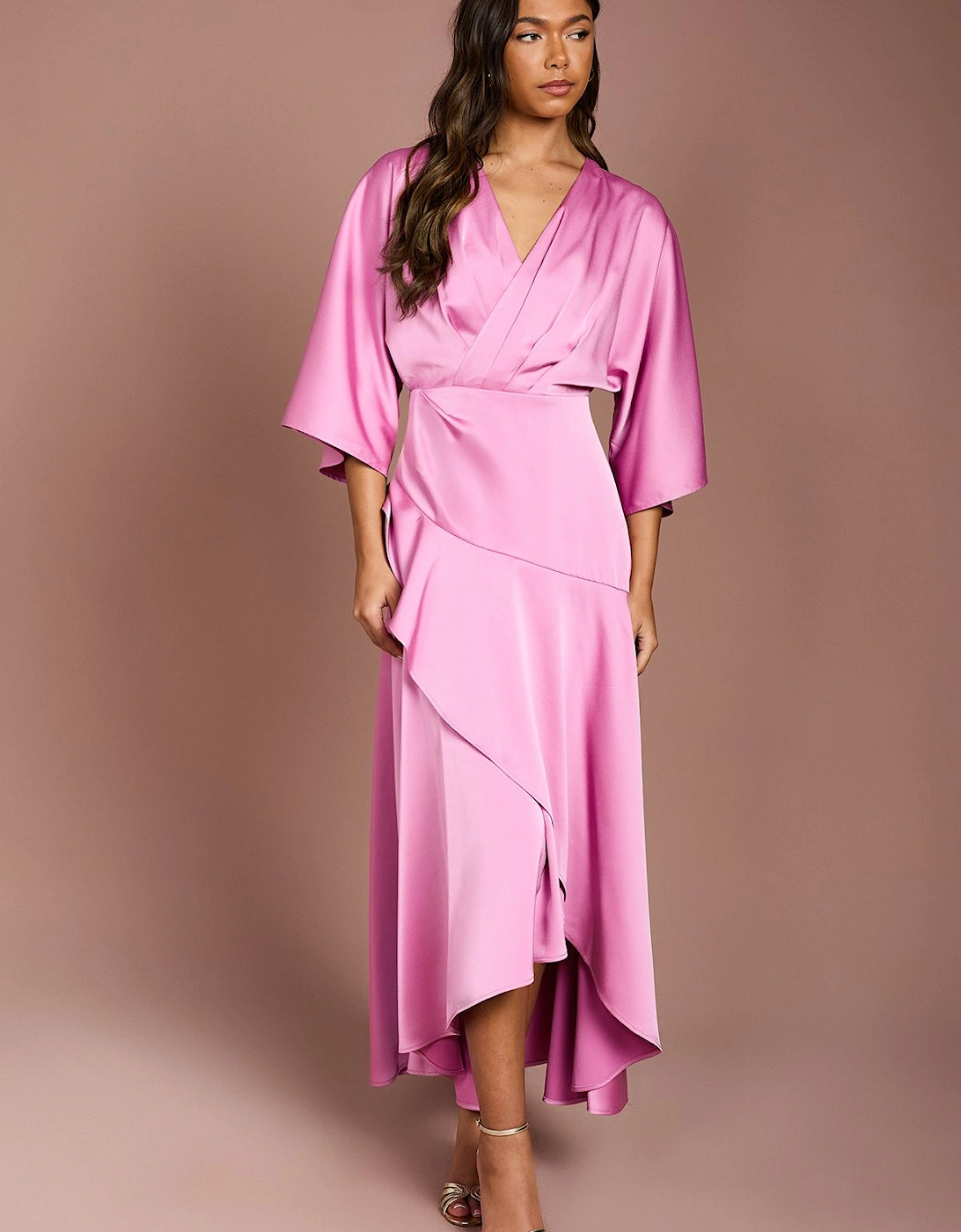 Satin Back Crepe Ruffle Wrap Midi Dress, 2 of 1