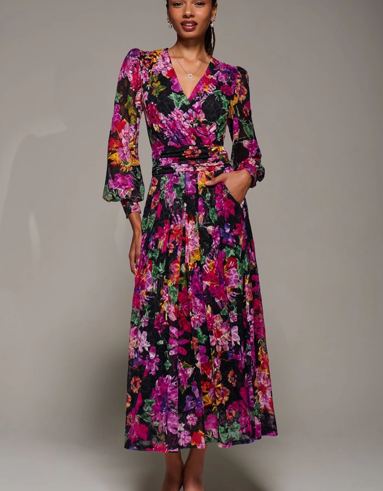 Long Sleeve Printed Lace Midaxi Dress