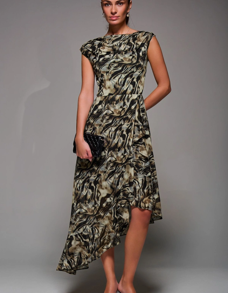 Asymmetrical Draped Mesh Midaxi Dress