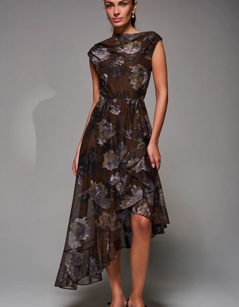 Asymmetrical Draped Mesh Midaxi Dress