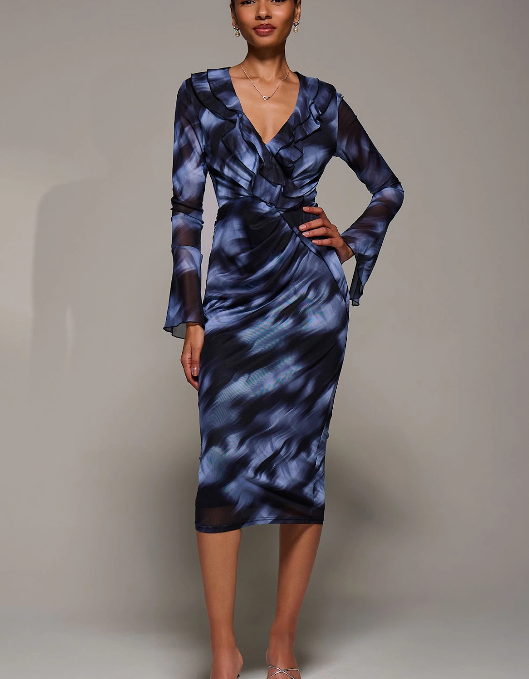 Ruffle V-Neckline Mesh Bodycon Midaxi Dress, 2 of 1