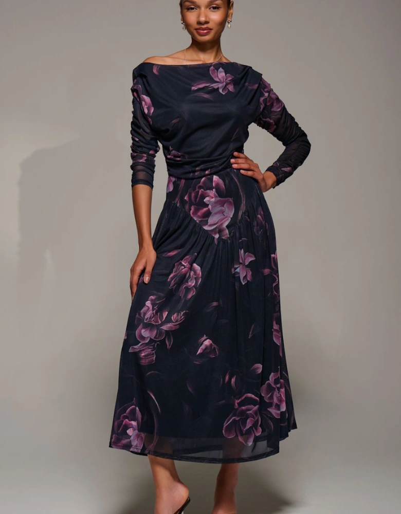 Long Sleeve Asymmetric Mesh Midi Dress