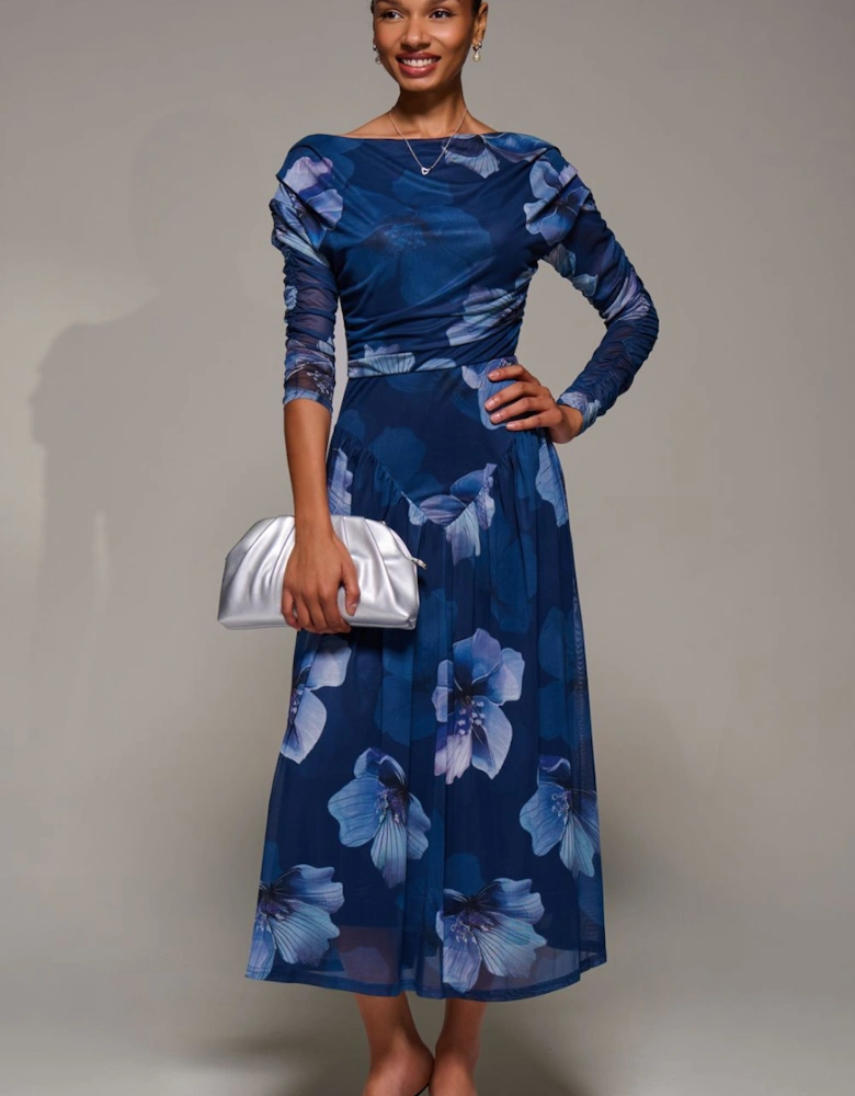 Long Sleeve Asymmetric Mesh Midi Dress