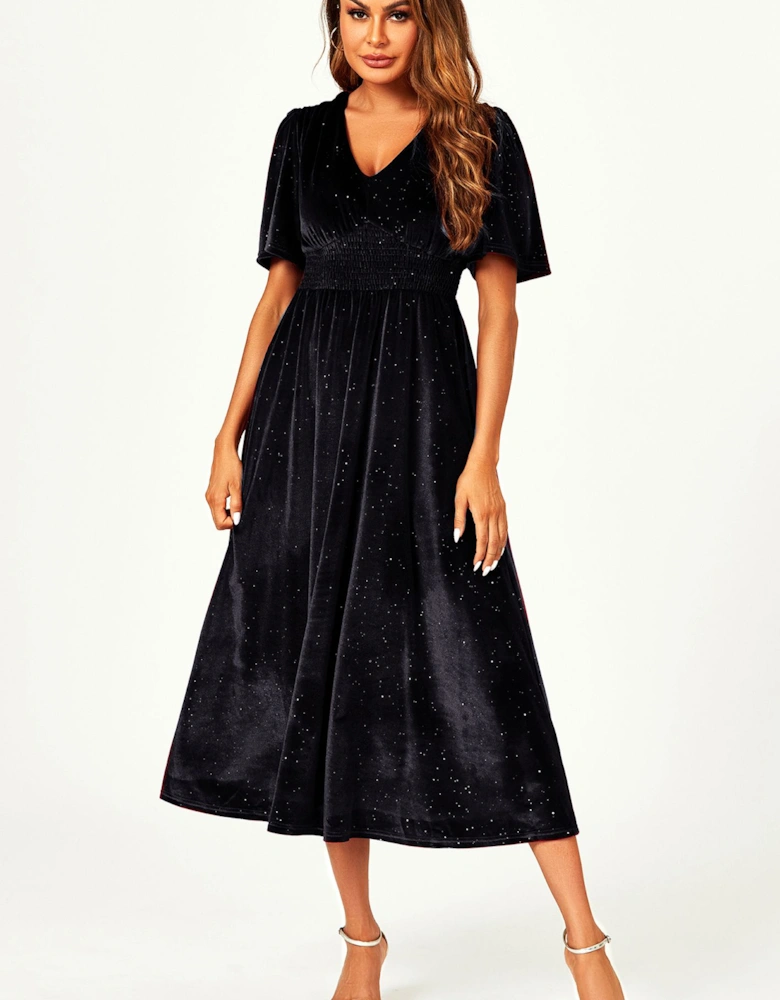 Silver Foil V Neck Velvet Midi Dress In Black