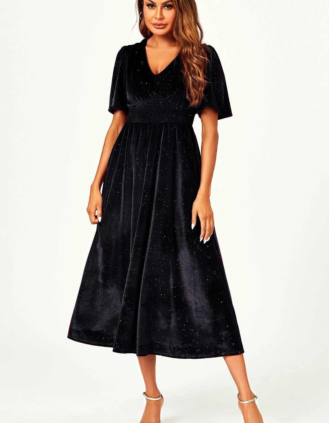 Silver Foil V Neck Velvet Midi Dress In Black, 2 of 1