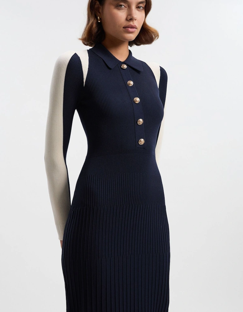 Rib Knit Military Colour Block Midi Dress