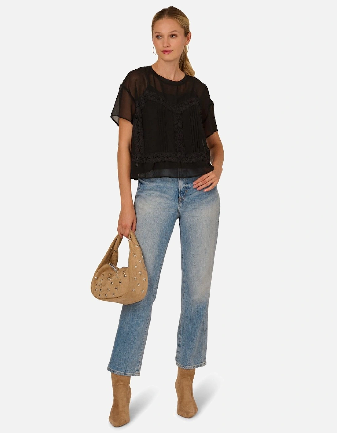 Crew Neck Pieced Sheer Lace Chiffon Top Cami Lining, 2 of 1