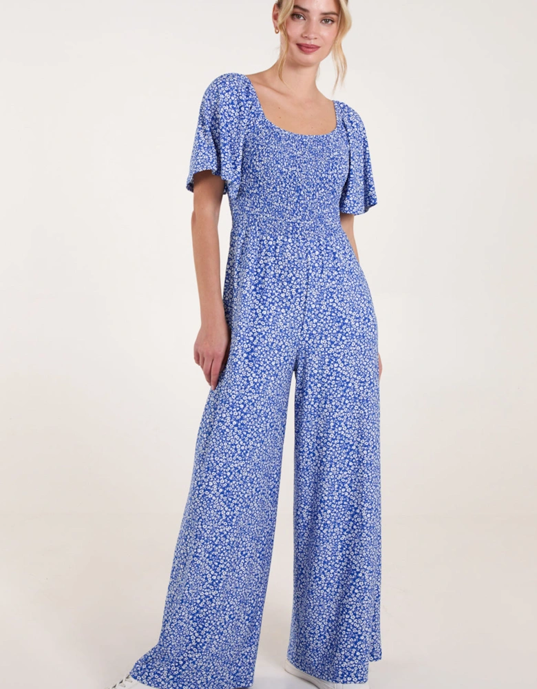 Blue Square Neck Shirred Waist Angel Sleeve Wide Leg Jumpsuit