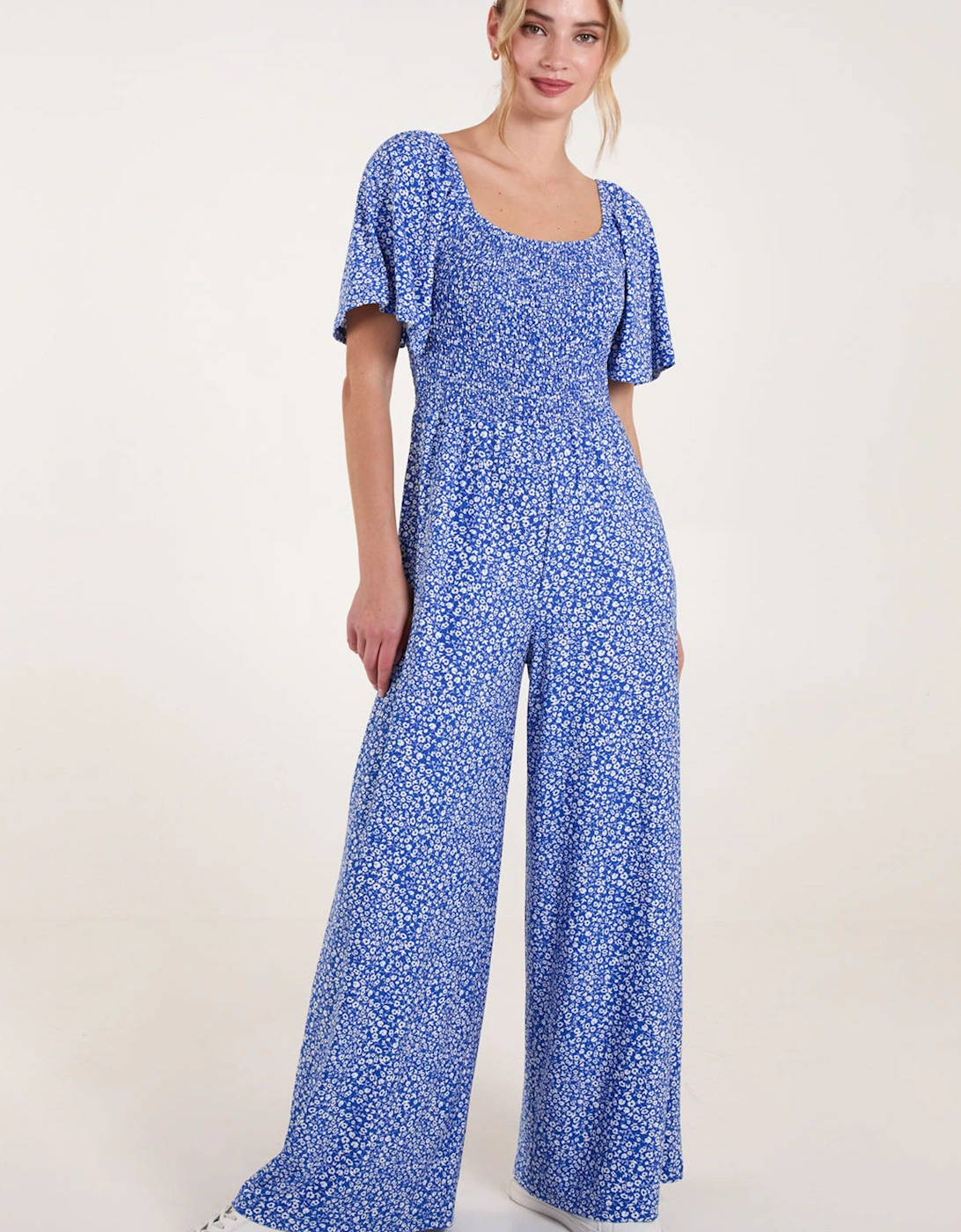 Blue Square Neck Shirred Waist Angel Sleeve Wide Leg Jumpsuit, 2 of 1