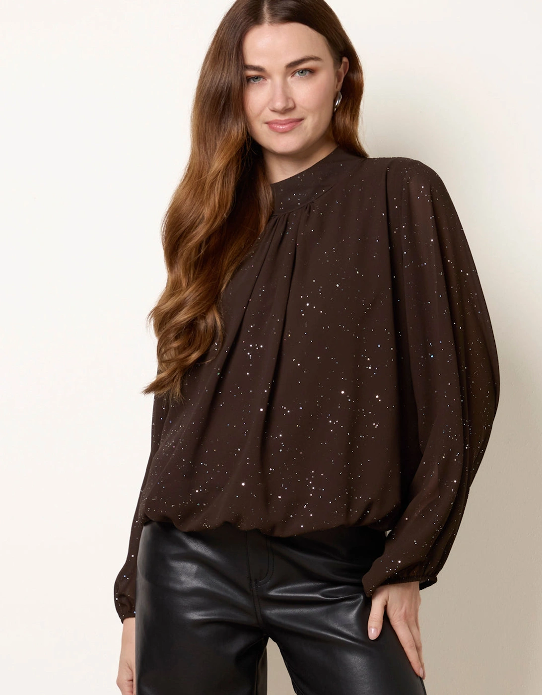 Brown Metallic Sparkle Chiffon High Neck Puffball Top, 2 of 1