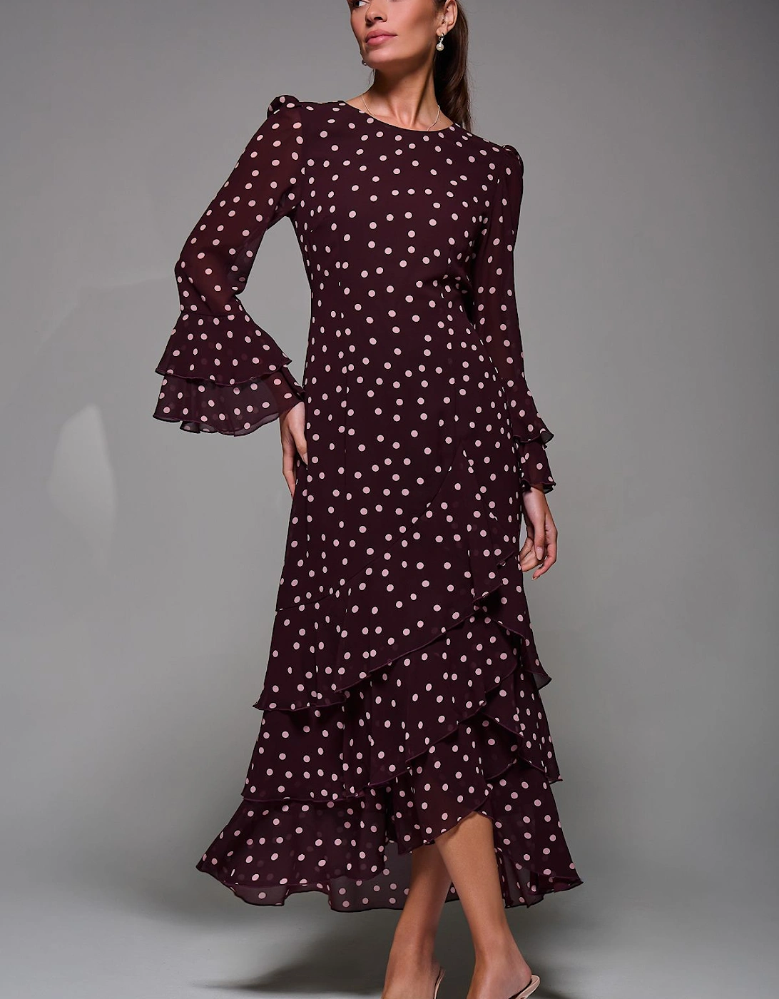 Ruffled Long Sleeve Tiered Chiffon Midaxi Dress, 2 of 1