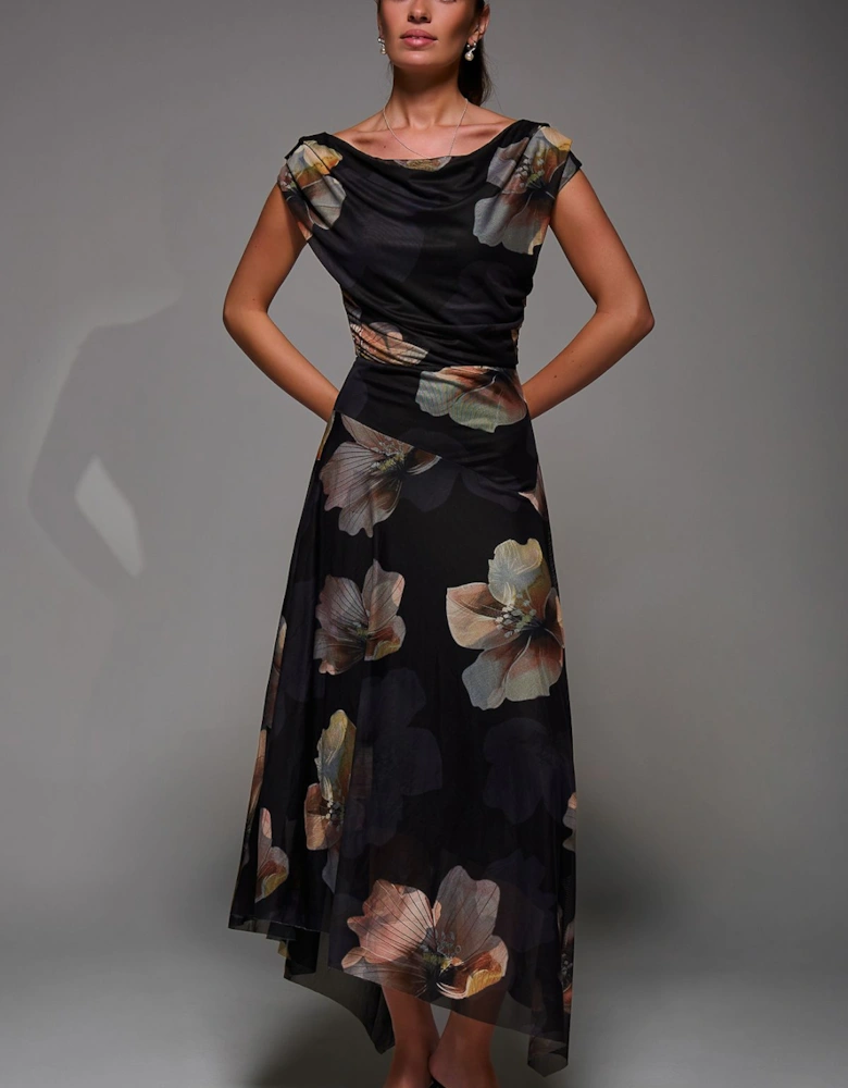 Mesh Asymmetrical Draped Maxi Dress