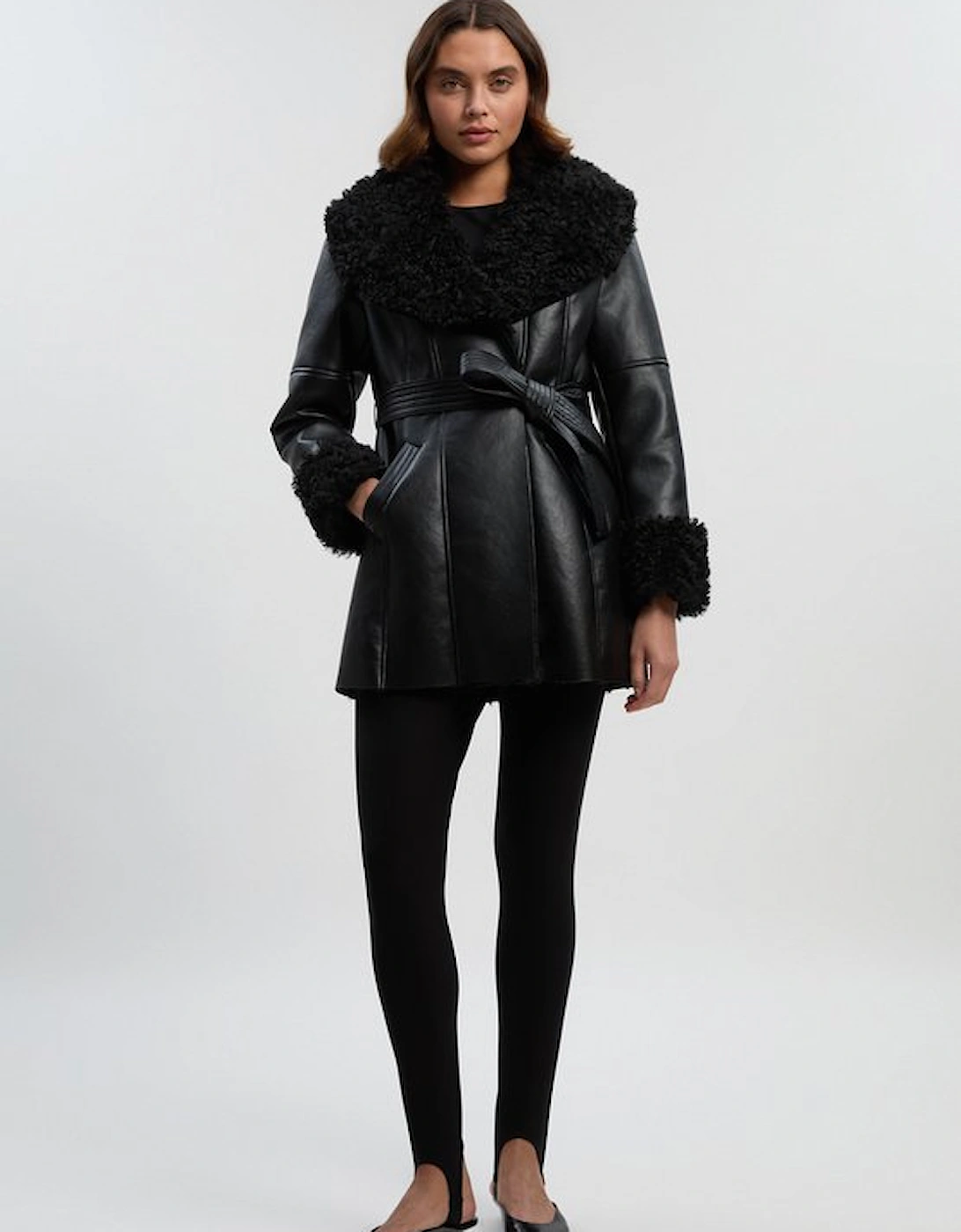 Faux Long Fur Belted Cuff And Collar Coat, 5 of 4