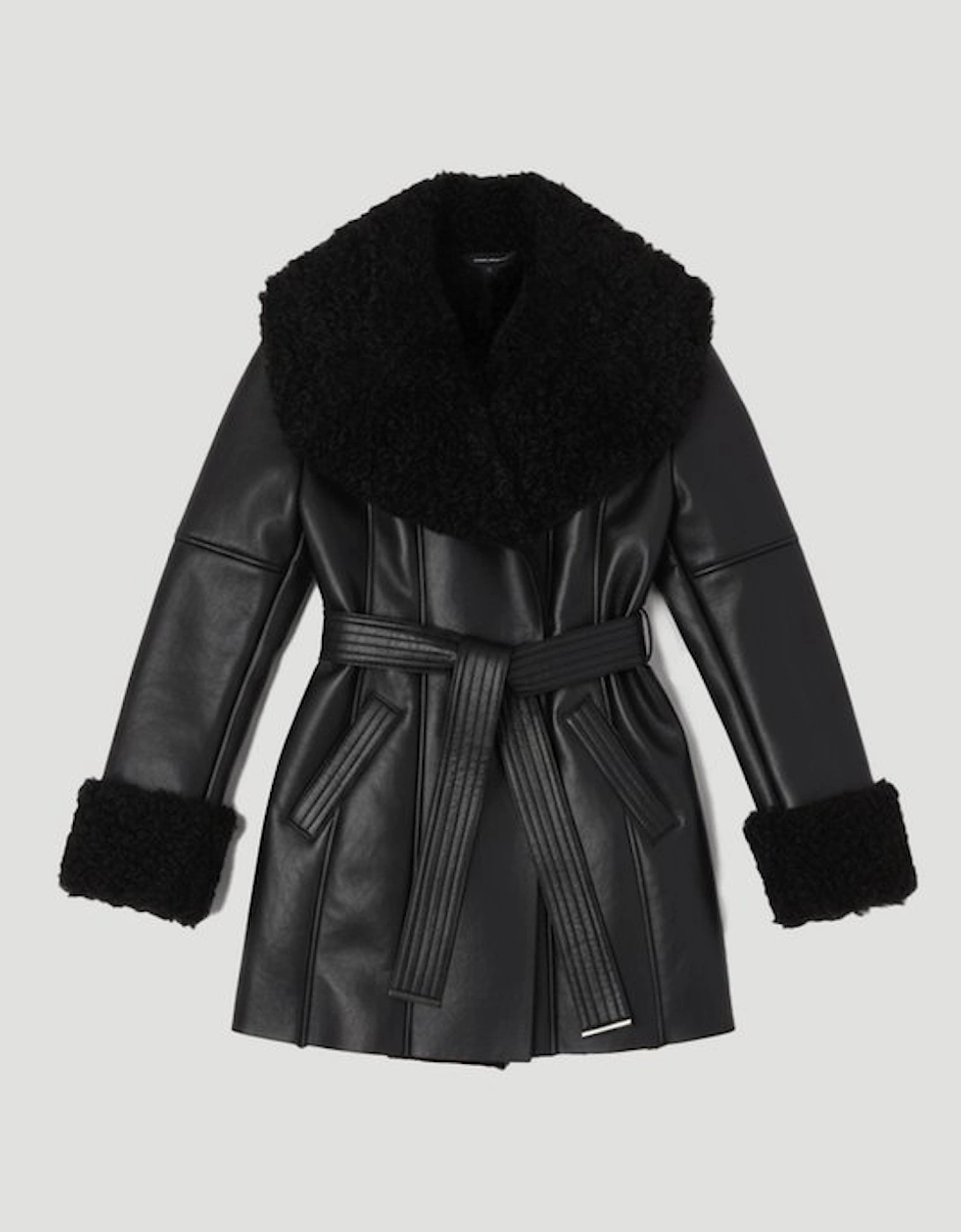 Faux Long Fur Belted Cuff And Collar Coat