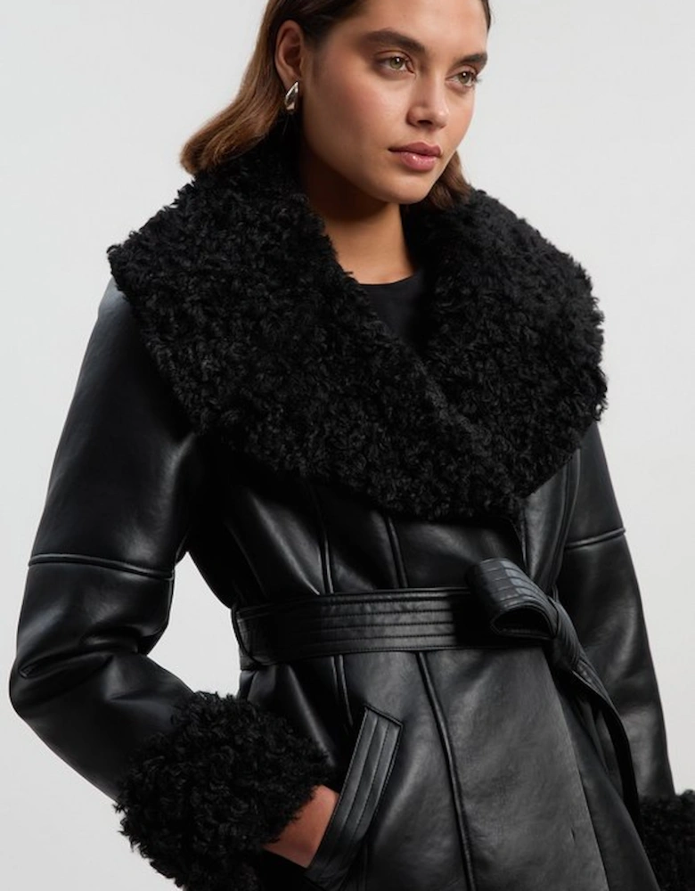 Faux Long Fur Belted Cuff And Collar Coat