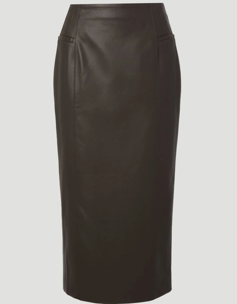 Faux Leather Seam Waist Detail Pencil Midi Skirt