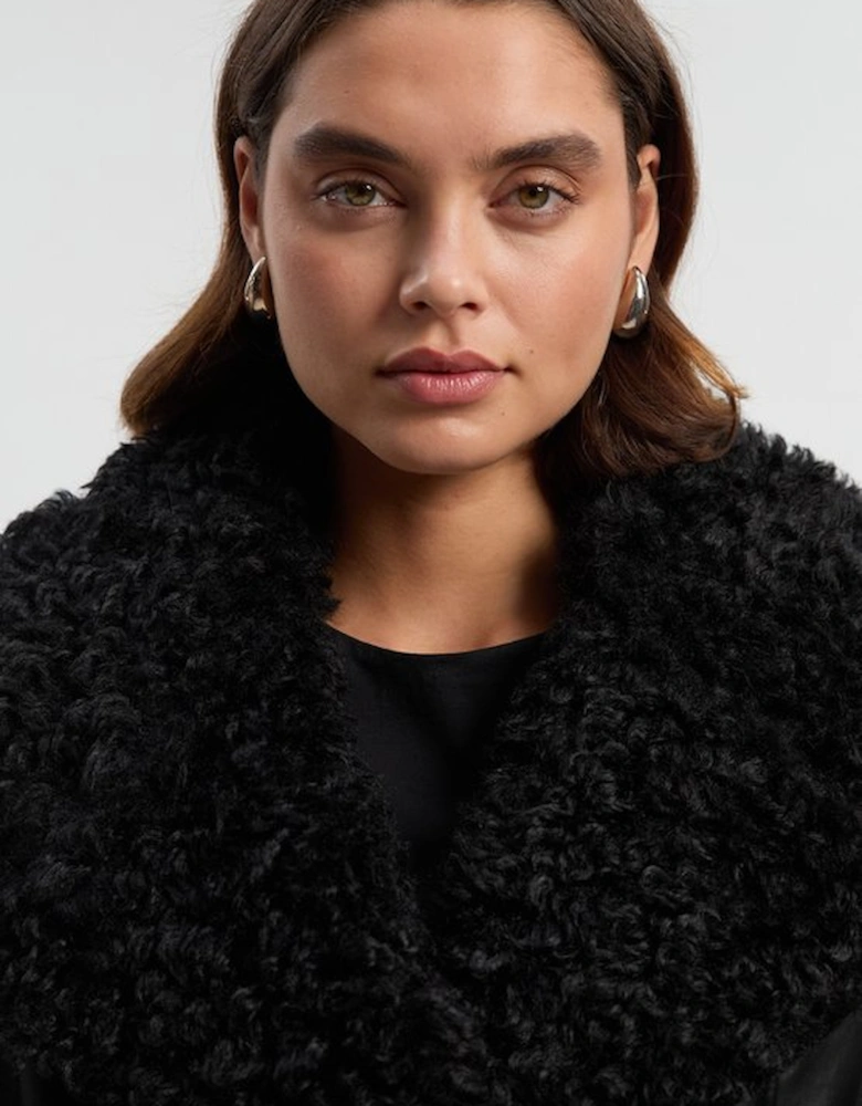 Faux Long Fur Belted Cuff And Collar Coat