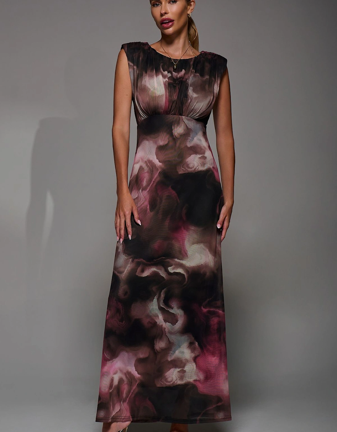 Slash Neck Fit & Flare Mesh Maxi Dress, 2 of 1