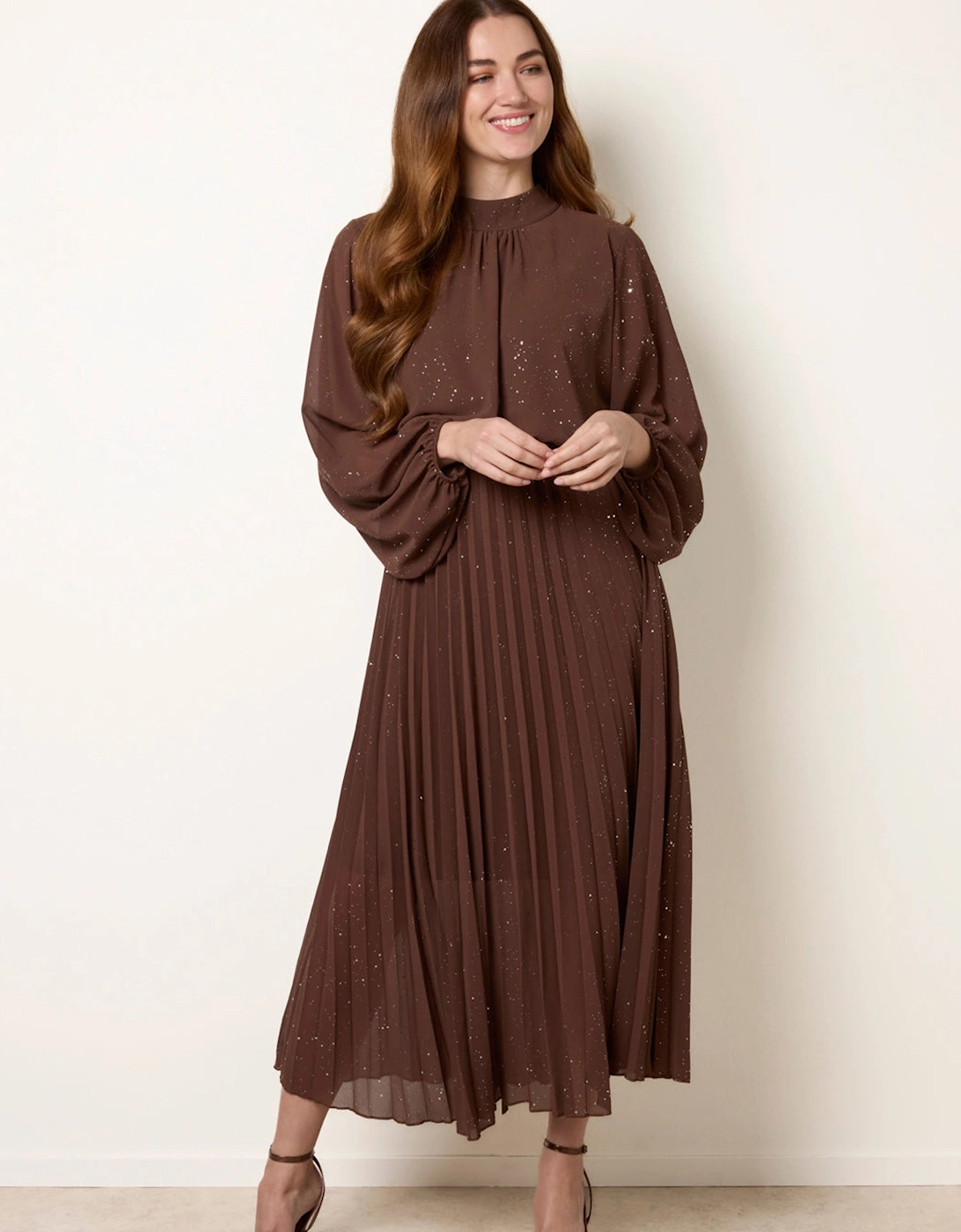 Brown Pleated Metallic Sparkle High Neck Dress, 2 of 1