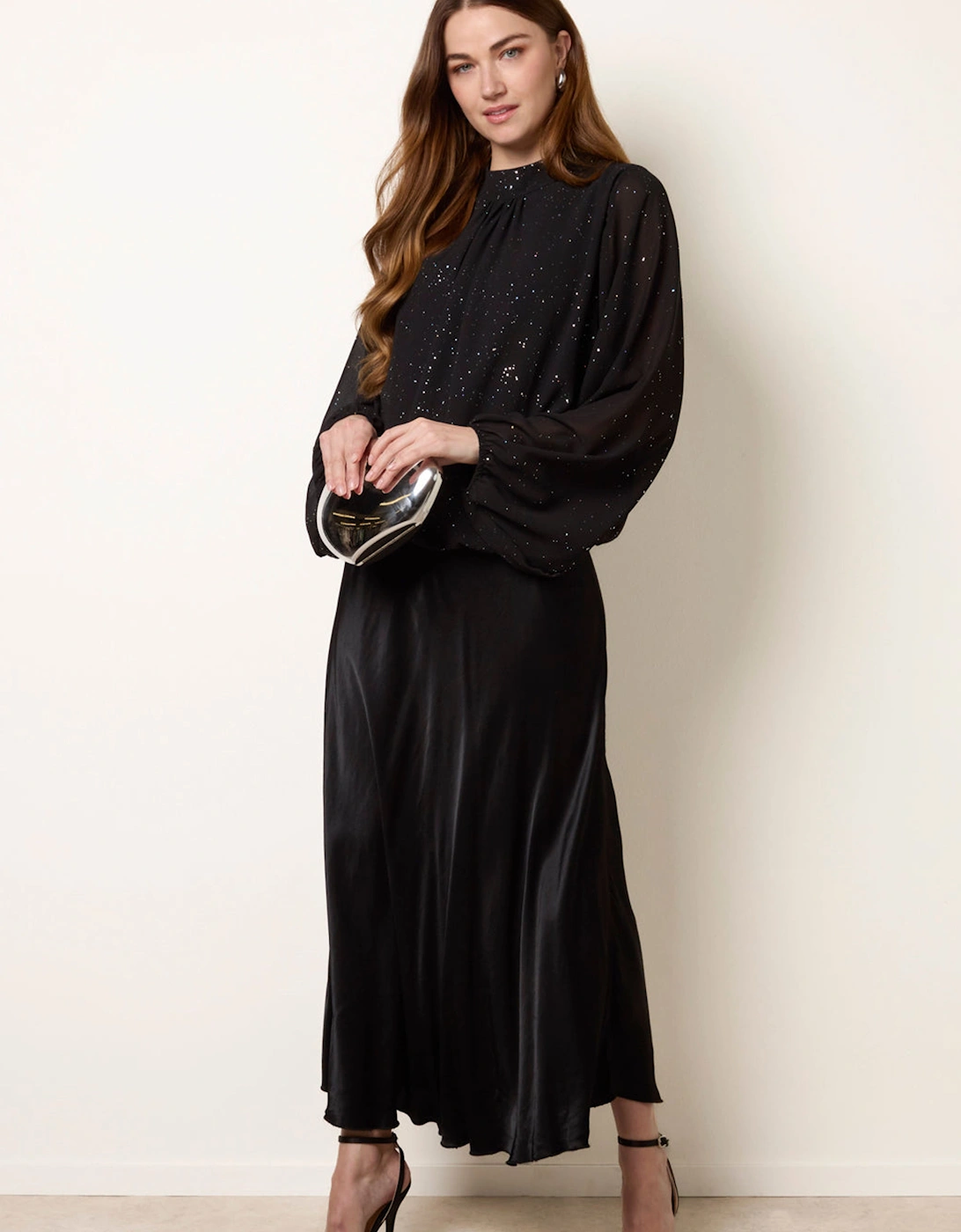 Black Metallic Sparkle Chiffon High Neck Puffball Top, 2 of 1