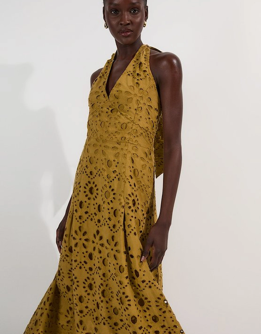 Cotton Broderie Halterneck Woven Maxi Dress