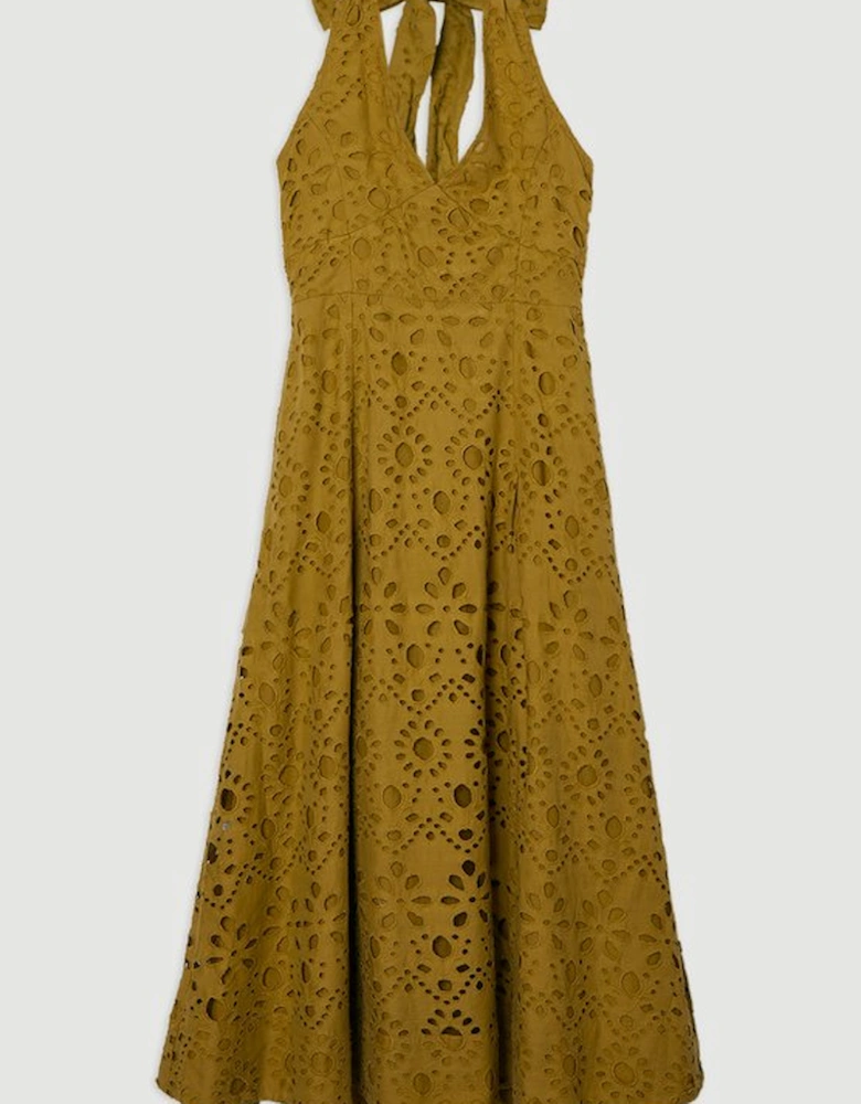 Cotton Broderie Halterneck Woven Maxi Dress