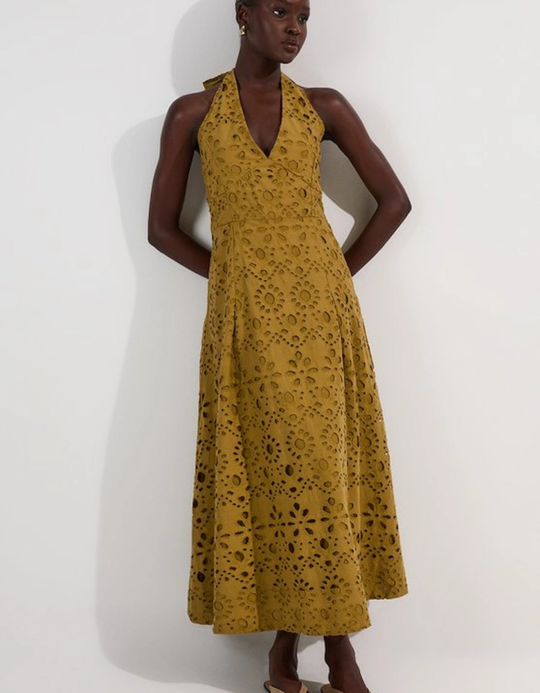 Cotton Broderie Halterneck Woven Maxi Dress