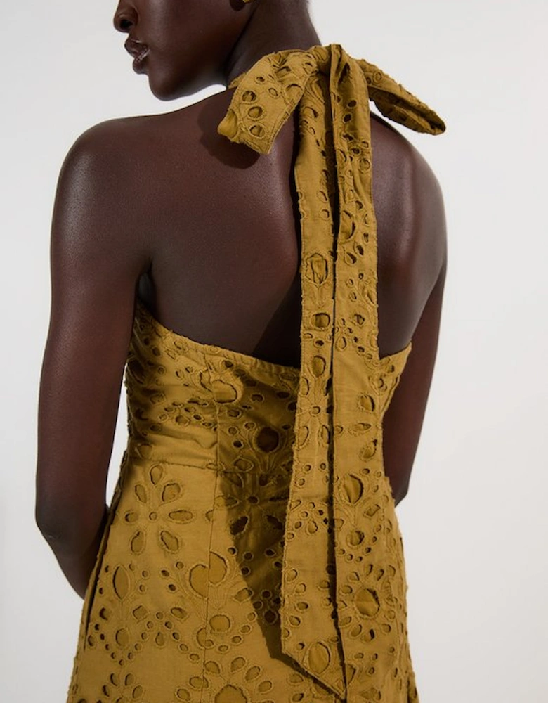 Cotton Broderie Halterneck Woven Maxi Dress