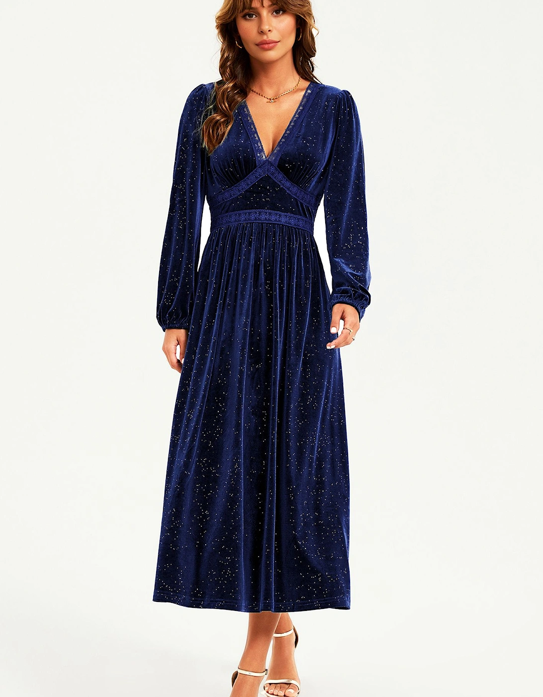 Silver Foil Velvet Lace Trim Neckline Midi Dress, 2 of 1