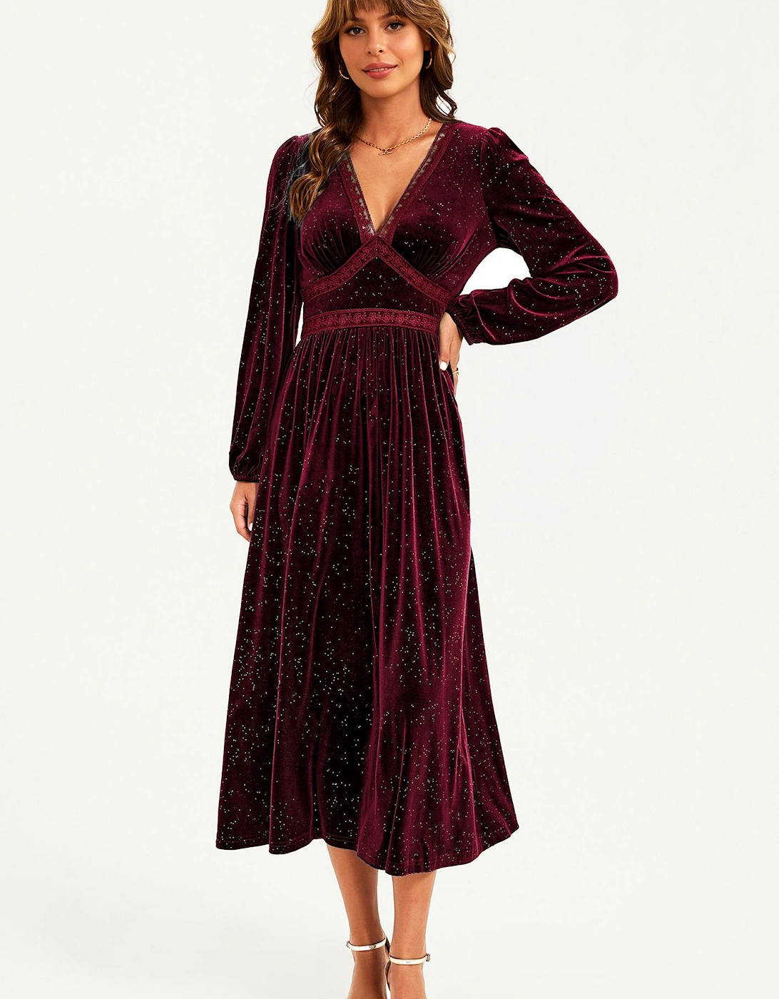 Silver Foil Velvet Lace Trim Neckline Midi Dress, 2 of 1