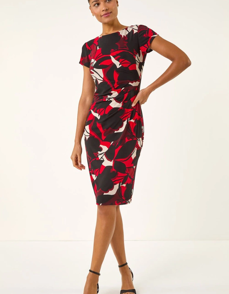 Leaf Print Gathered Shift Dress