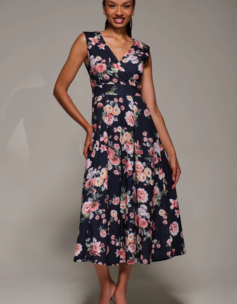 V-Neck Fit & Flare Scuba Midaxi Dress