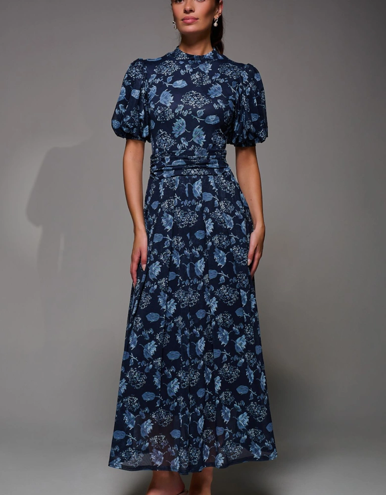 Puffy Sleeve Printed Mesh Maxi Dress