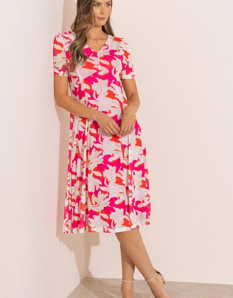 Floral Mesh V Neck Midi Dress